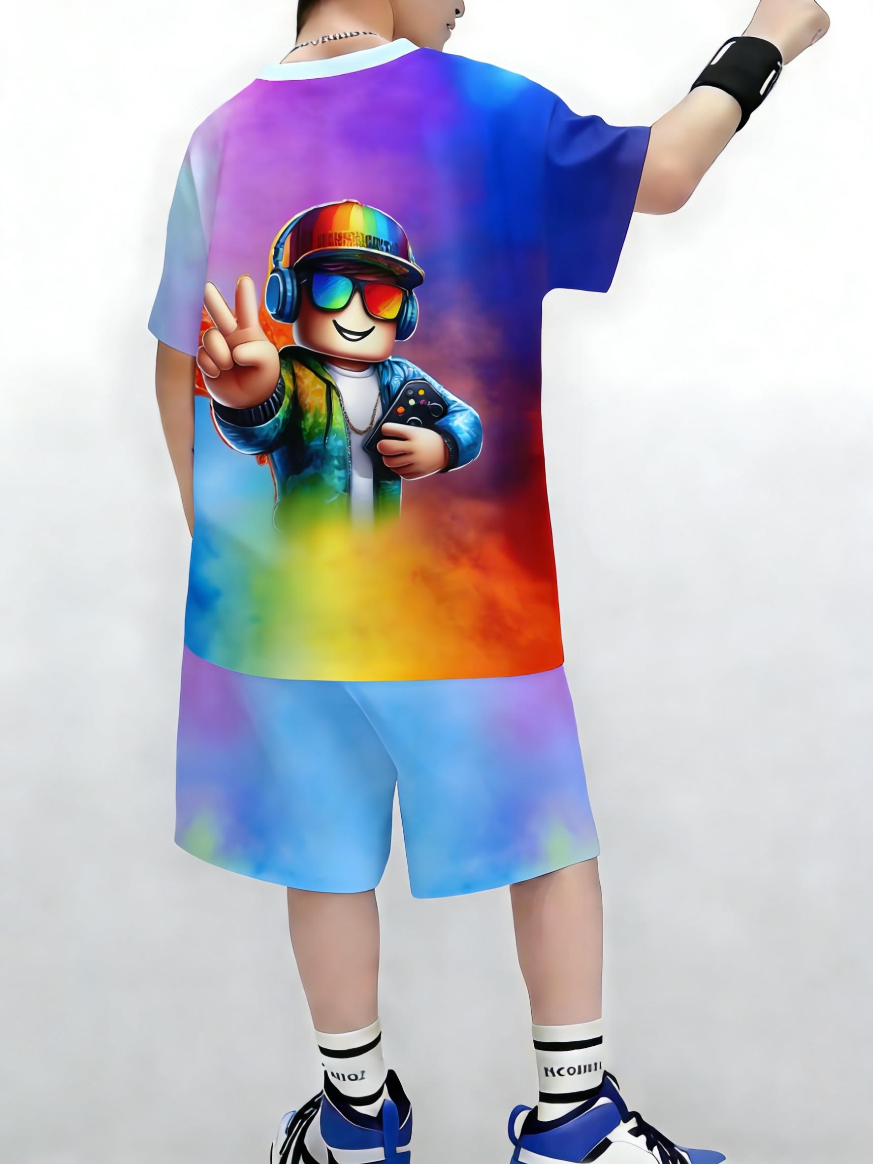 Roblox Rainbow Anime Set, Gradient Color Role-Playing Short Sleeve Shorts, Casual Two-Piece Party Outfit for Girls