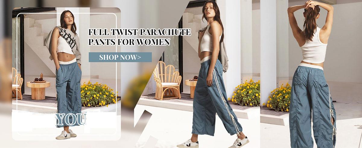 Tanming Women's Loose Wide Leg Parachute Pants Elastic High Waist Full Twist Hiking Cargo Pants Trousers FallFreshness Casual Comfy Baggy Bottoms