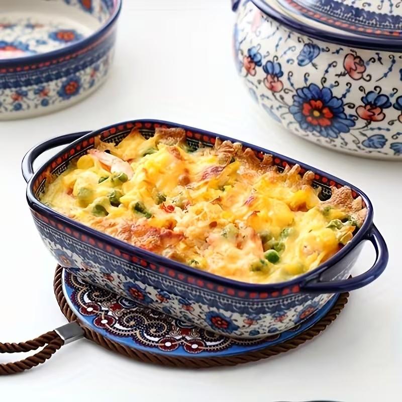 730ML Floral Ceramic Baking Dish, Rectangular Serving Dish with Handles, Ideal for Rice, Salad & Cheese, Elegant Kitchen Essential
