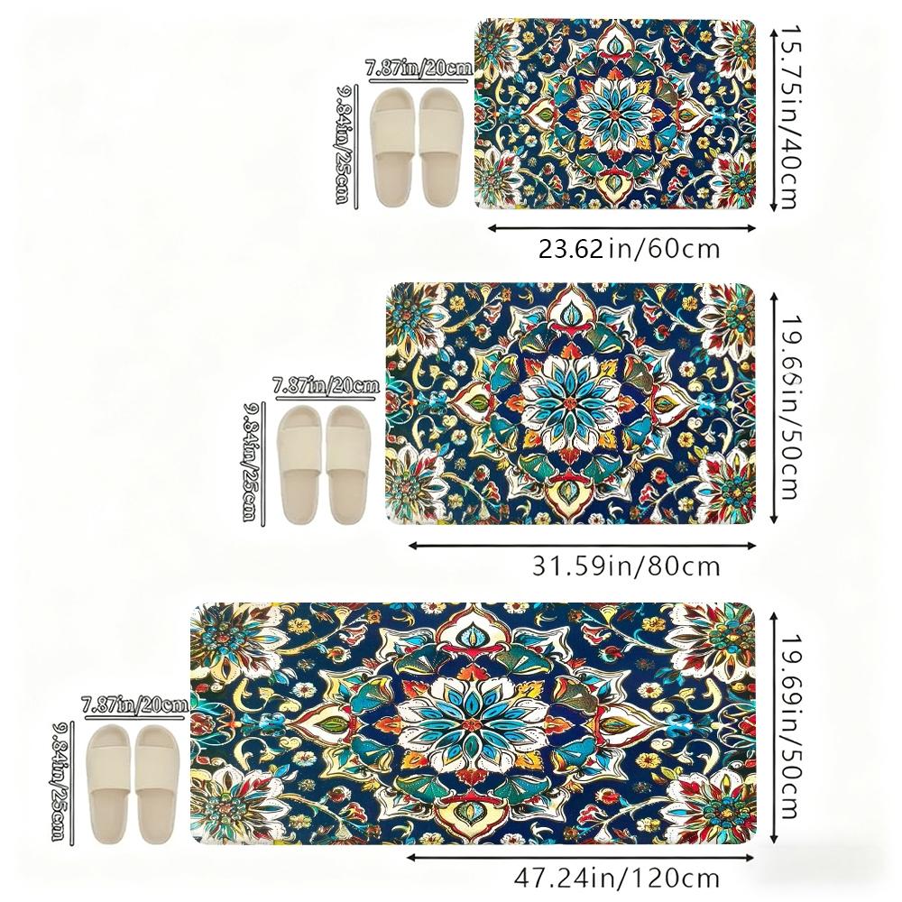 Vintage Boho Persian Floral Kitchen Rug Set, Moroccan Mandala Blue Non-Slip Washable Floor Mats, Bohemian Ethnic Runner Rugs for Kitchen, Living Room & Home Decor