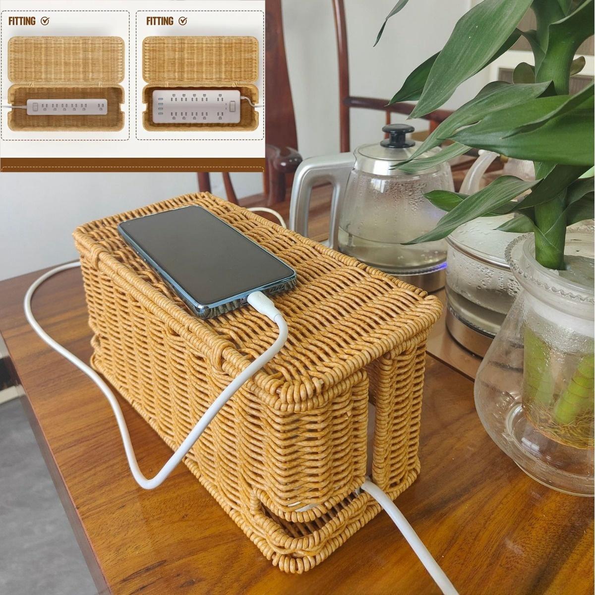 Handmade Woven Desk Cable Organizer Box with Lid, Office Power Cord Hider, Home Data Line Manager, Perfect Holiday Gift
