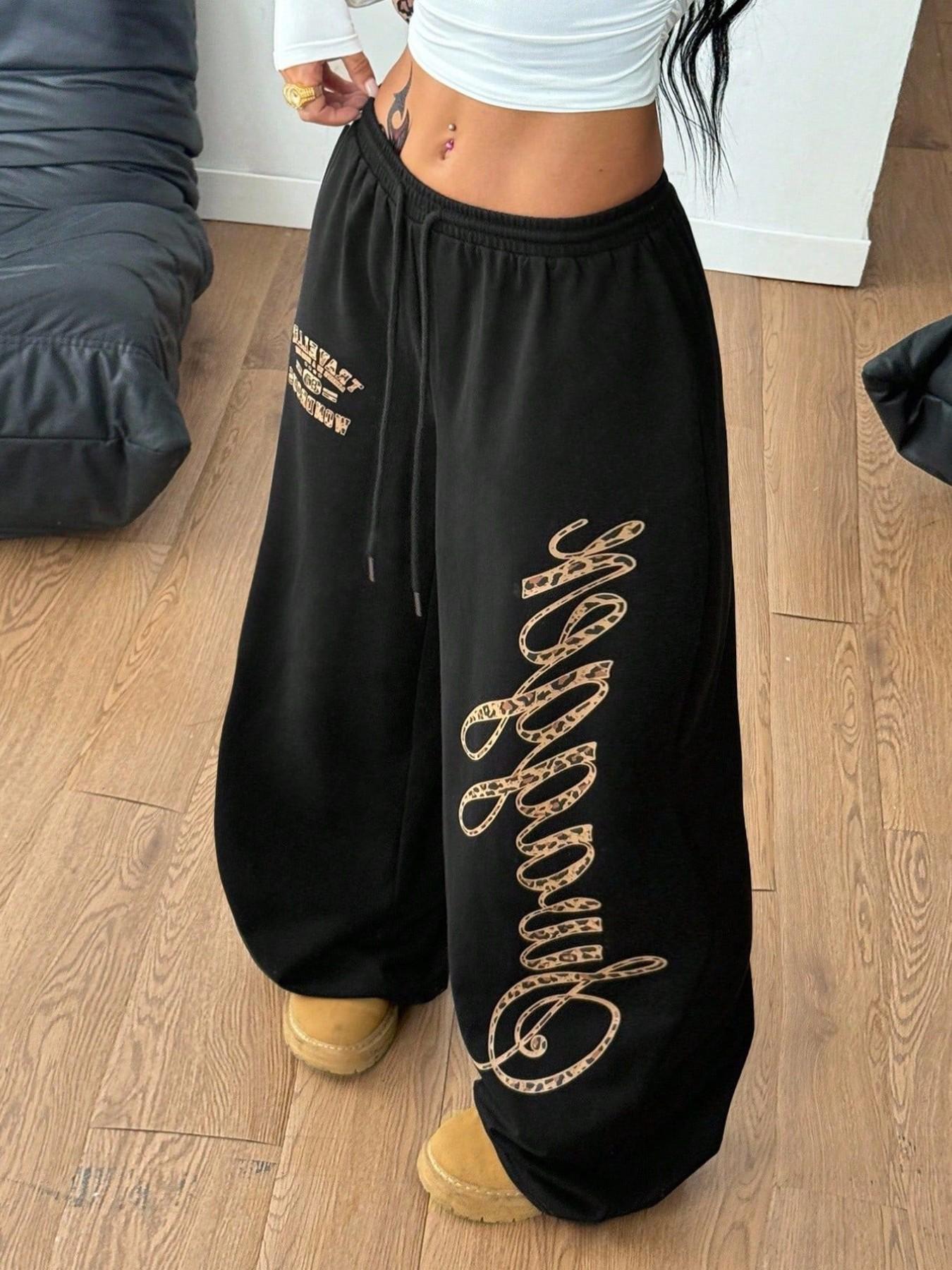 Leopard Print Letter Sweatpants, Loose Fit Straight Leg Casual Pants, Trendy Streetwear for Women, Comfortable Daily Wear