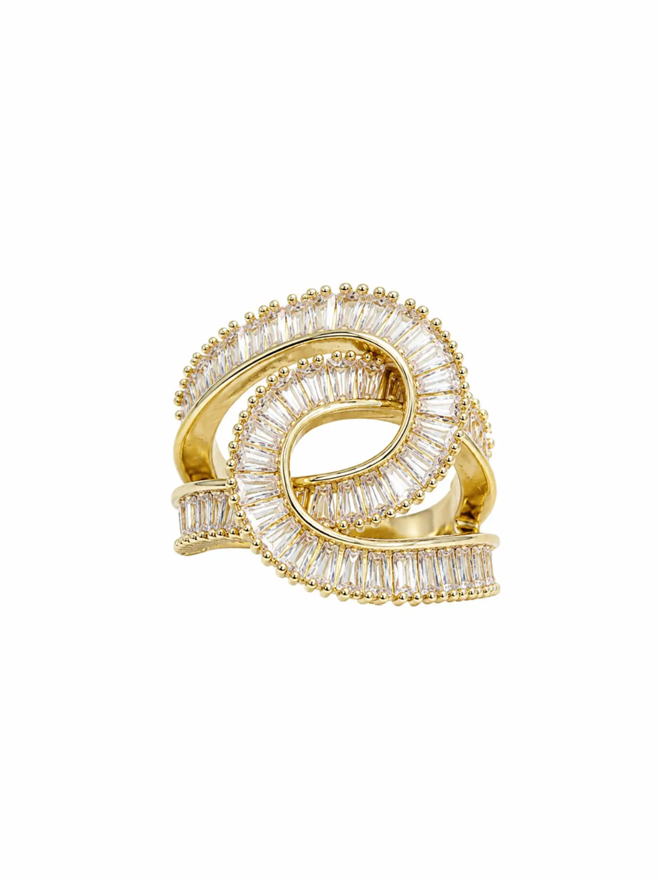 Interlocking Circle Statement Ring, Bold Geometric Style, Gold-Tone, Pavé Baguette CZ Sunburst with Milgrain Edge, Adjustable Open Band, Women Office Date Party Gift, Chunky Interlock Ring