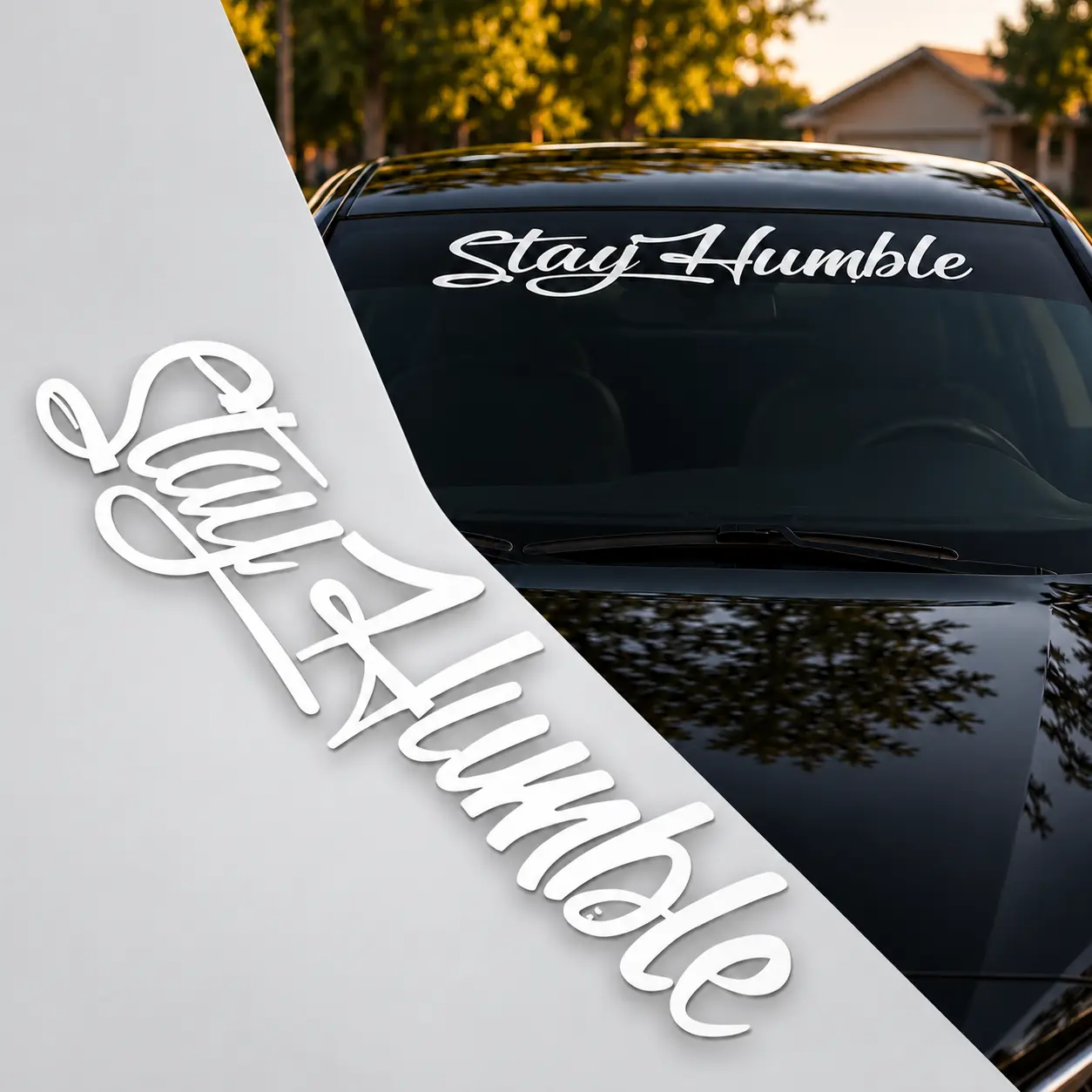 Stay Humble Windshield Banner Decal, 38.5 x 4 Inch White Script Vinyl Car Window Sticker, Front or Rear Window Lettering, Water-Resistant Removable Exterior Decoration, Universal Car Accessories for Cars, SUVs and Trucks