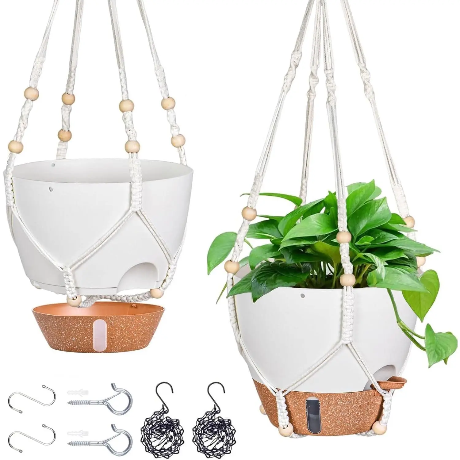 10 Inch Self Watering Hanging Planters for Indoor Outdoor Plants, 2 Pack | Hanging Baskets Flower Pots with Drainage Holes, Visible Water Window, Metal Chain & Macrame Plant Hangers,White