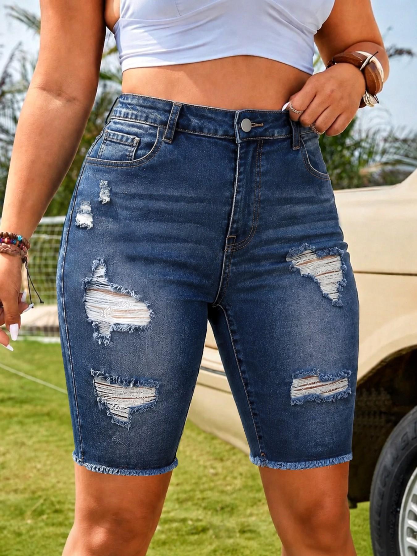 Plus Size Stretchy Women's Denim Shorts, High Waist, Casual Washed Style, Ripped Design, All-Season Wear, Sexy Fit, Perfect for Outing