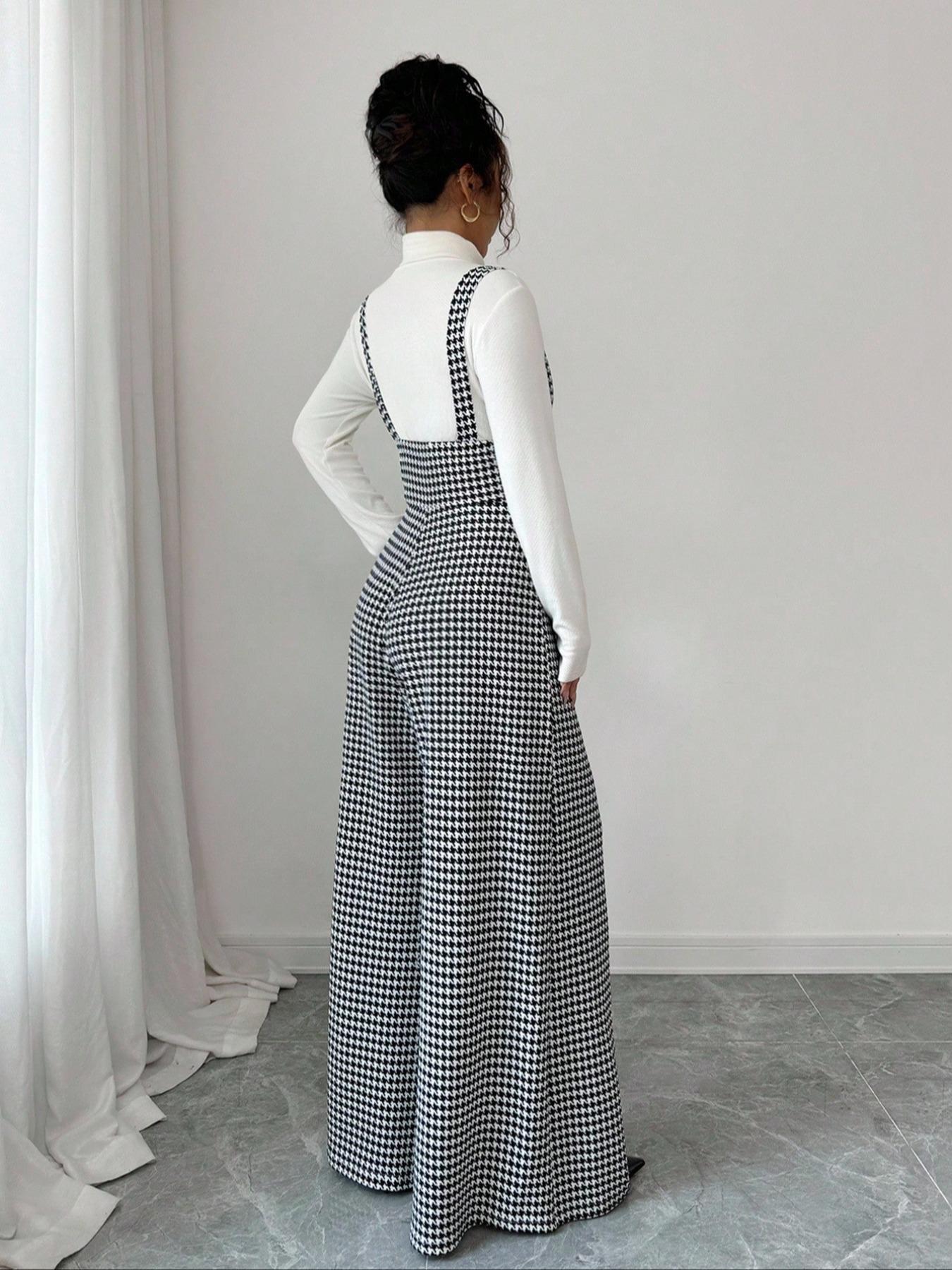 Women's Knitted Plaid Print Houndstooth Wide Leg Pants, Front Pocket Button Design, Fashionable Elegant Daily Commuter Overalls, Fall Winter