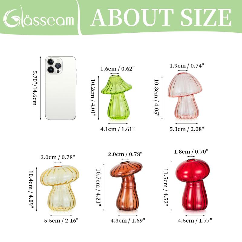 Mushroom Propagation Vase, Colored Flower Vases Decorative Set of 5 Unique Small Glass Vases for Flowers,Aesthetic Mini Cute Vase Decor, Vase for Bedroom Bathroom Kitchen,Christmas gifts