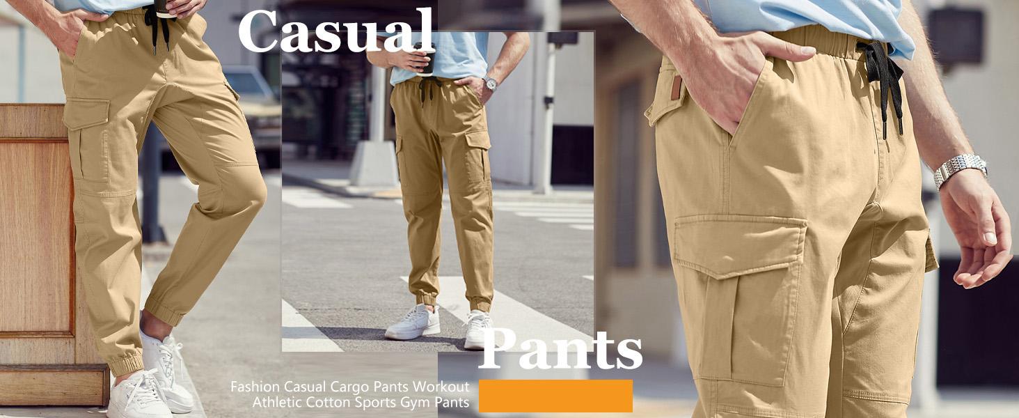 TUREFACE Men's Flex Stretch Cotton Cargo Pants Slim Fit Beige Multi-pocket Lightweight Comfortable Long Pants with Elastic Drawstring Waistband