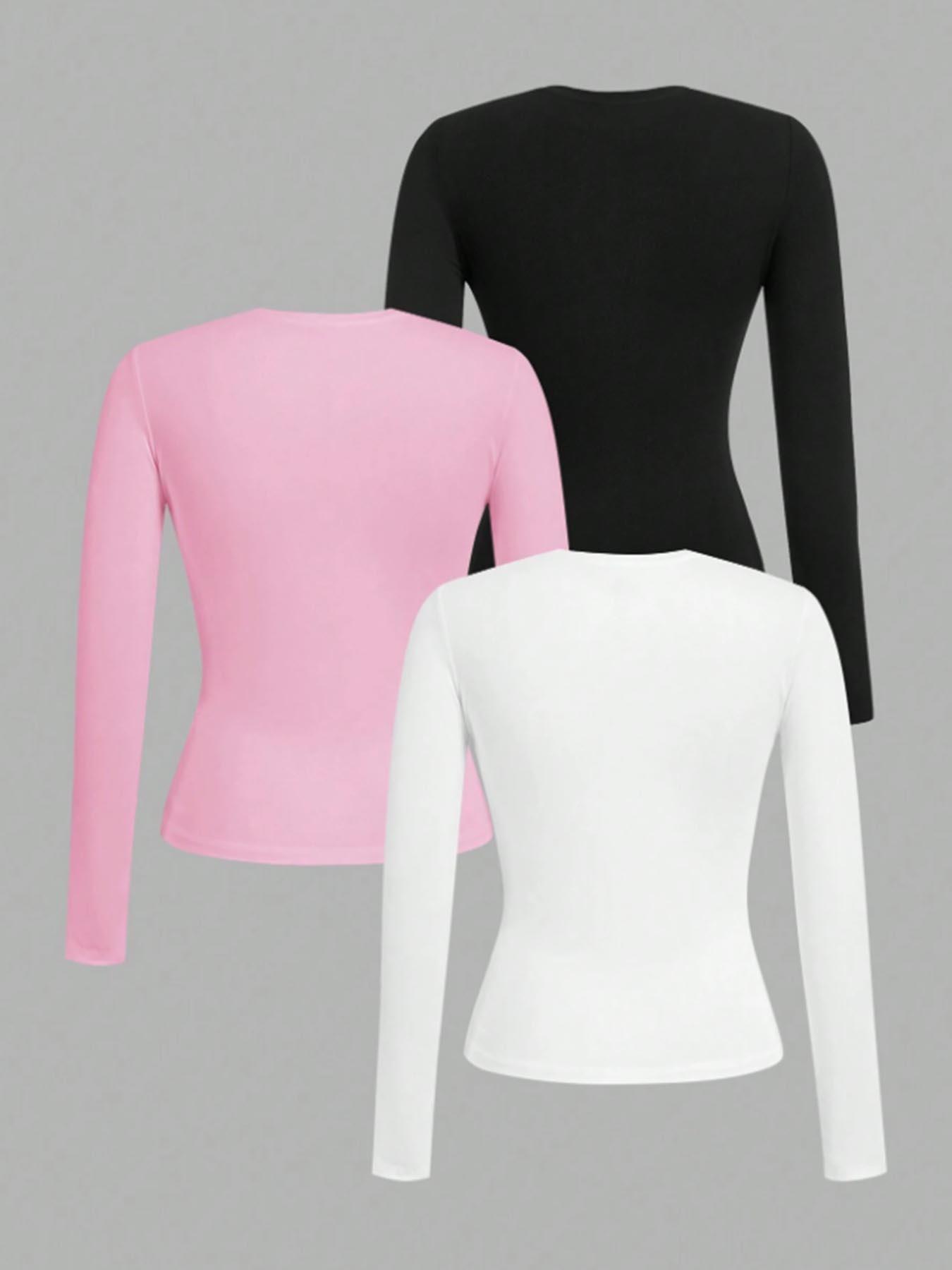 3-piece set of girls' solid color basic round neck knitted long sleeved T-shirt, slim and comfortable, machine washable, soft and skin friendly, Soft and gentle, practical for daily leisure, suitable for both school and outdoor use