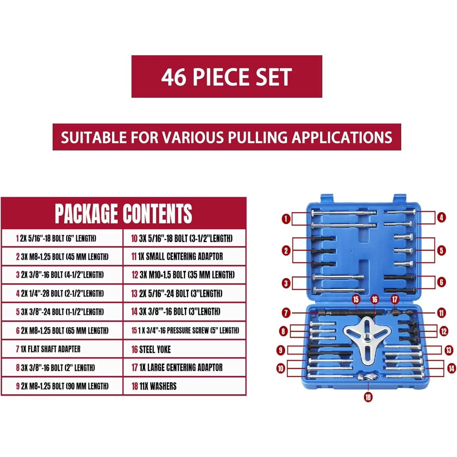 46-Piece Harmonic Balancer Puller Kit, Steering Wheel, Flywheel, Crankshaft Pulley Removal Tool Set, Blue Color, Automotive Repair Tools, Car Tool Kit