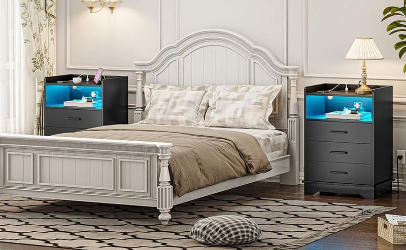 Sikaic LED Nightstand With Charging Station 3 Drawers And Open Storage Black Unique Bedroom Furniture Apothecary Cabinet