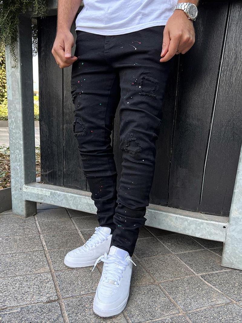 Men's Slim Fit Jeans, Ripped Colorful Splatter Design, Trendy Tight Street Style, All-Season Fashion Pants Men's Slim Fit Jeans, Ripped Colorful Splatter Design, Trendy Tight Street Style, All-Season Fashion Pants