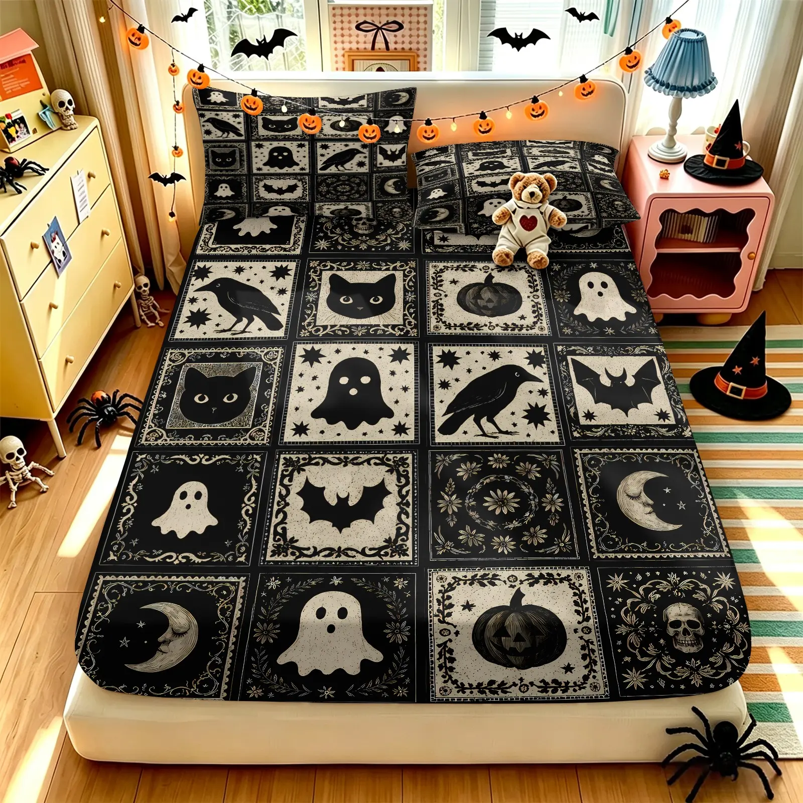 3PCS Vintage Patchwork Gothic Halloween Fitted Sheet Set (1 Fitted Sheet+2 Pillowcases), Vivid HD Digital Print, Ultra Soft Breathable Skin Friendly Fabric, Stretch Deep Pocket, Bedroom Decor Accessories, Ideal Halloween Holiday Gift, Breathable Sheets