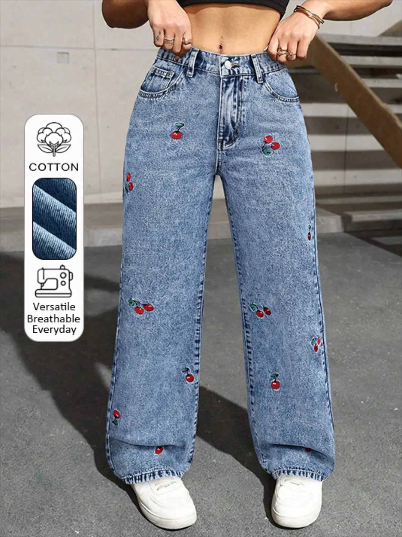 Women's Cherry Embroidered Wide Leg Jeans, Loose Fit, Zipper Fly, Multi-Pocket, Street Style, All Seasons, Casual Wear