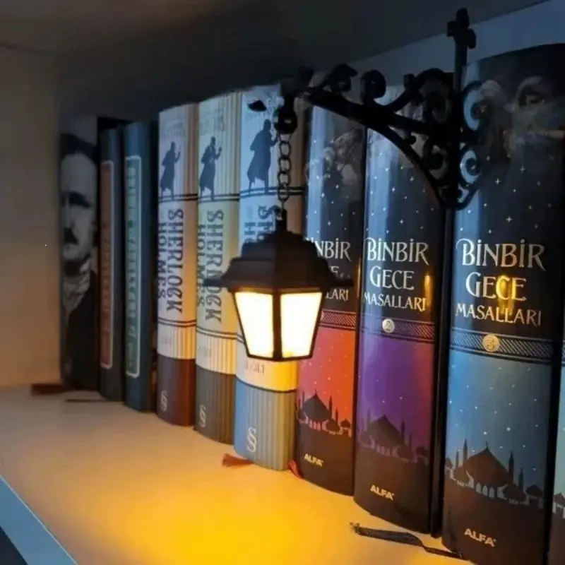 Decorative Bookshelf Lantern Light Book Nook Ornament Vintage Metal Hanging Book Shelf Lamp Mini Bookend Wall Decor Library Gothic Desk Tabletop Decoration 9.1x9.8 Inch