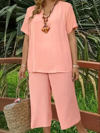 Elegant Plus Size Women's Solid Color Short Sleeve Fashion Top & Casual Wide Leg Pants Set, Summer, Comfortable & Stylish