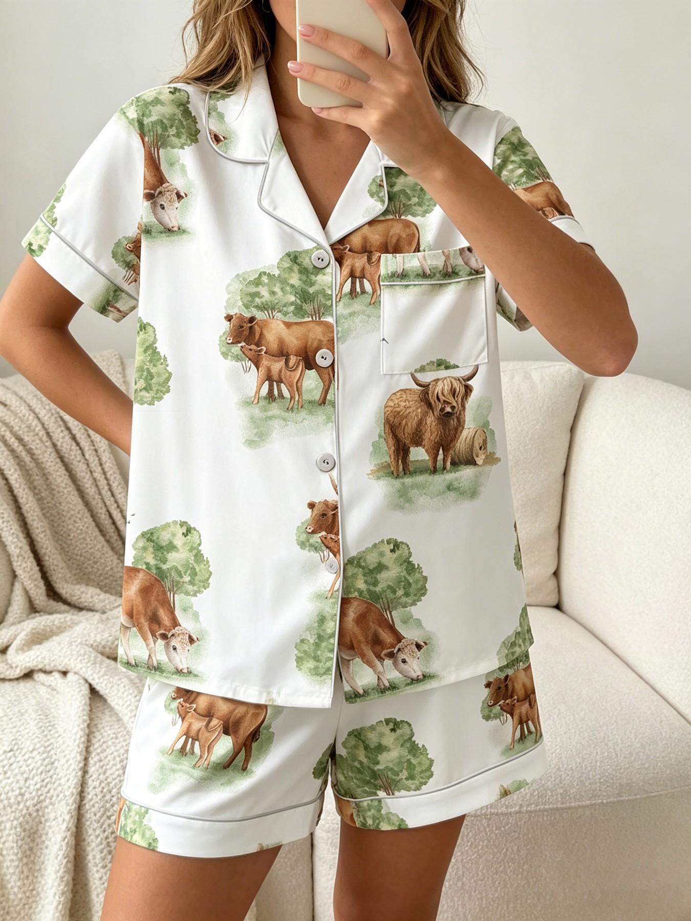 Women's Short Sleeve Button Down Top and Shorts Pajama Set, Spring Summer Wear, For Country Style Lovers, White Base Vintage Farm Print, Classic Lapel Collar, Loose Fit, Comfortable For Home & Gatherings