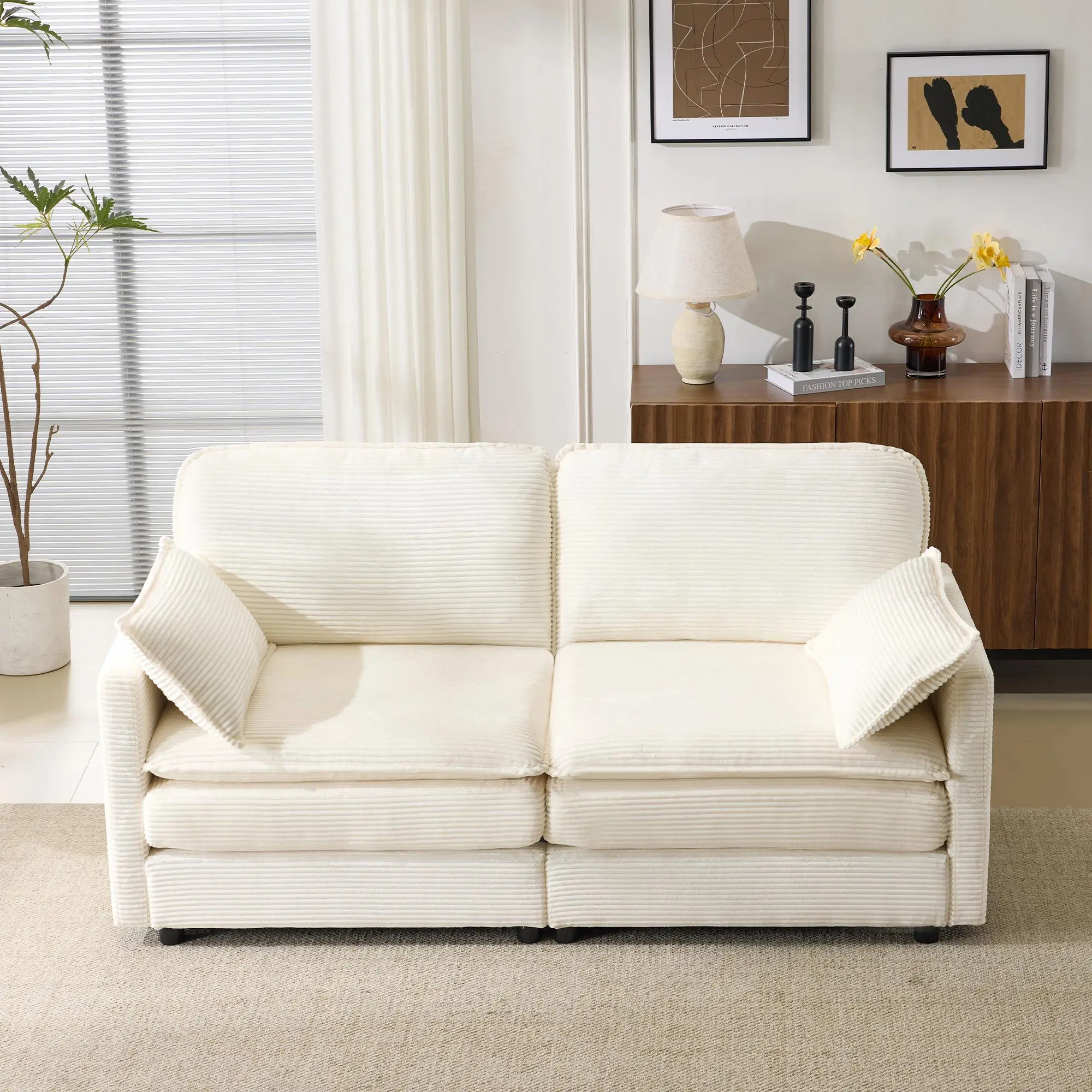 69-Inch Modular Cloud Loveseat, 2-Seater Sectional Sofa with Beige Corduroy Cushions and 2 Throw Pillows, Compact Modern Couch for Apartment Living Room or Bedroom