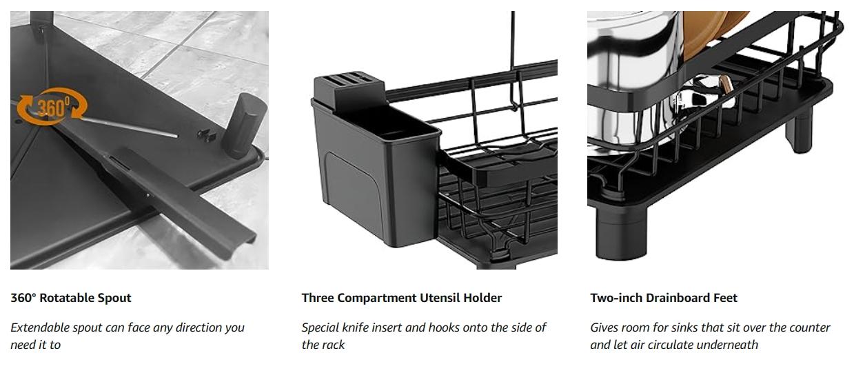 2 Tiers Dish Drying Rack, Space-Saving DishRacks for Kitchen Counter, Dish Drainer DryingRack with Drainboard, Utensil Holder CupsHolder Plate Rack and Automatic DrainageDrainboard, Black
