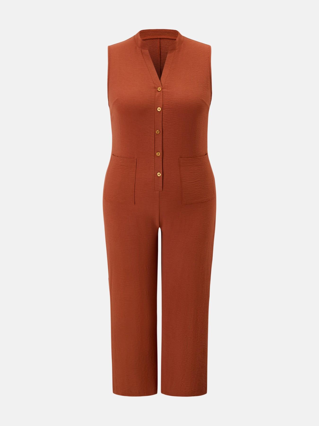 Plus Size Women's Solid Color V-Neck Sleeveless Romper, Hollow Out Neckline, Dual Pockets, Perfect for Holiday Casual Wear