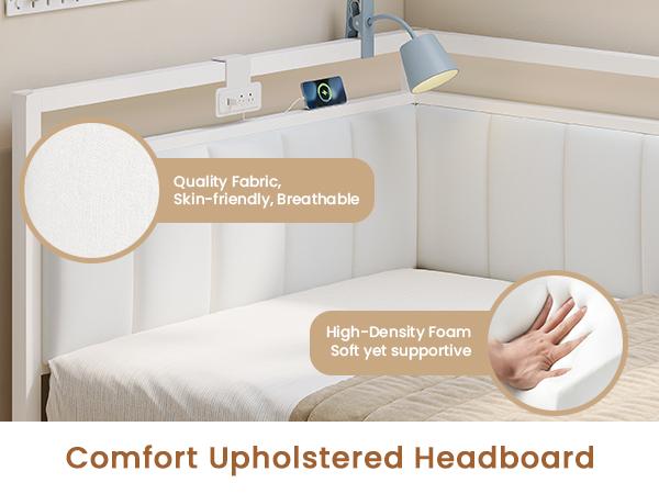 Hasuit | Corner Bed Frame with Storage Drawers Full Daybed with Line Fabric Upholstered Fence Kids Bed Unit with LED Light and Charging Station