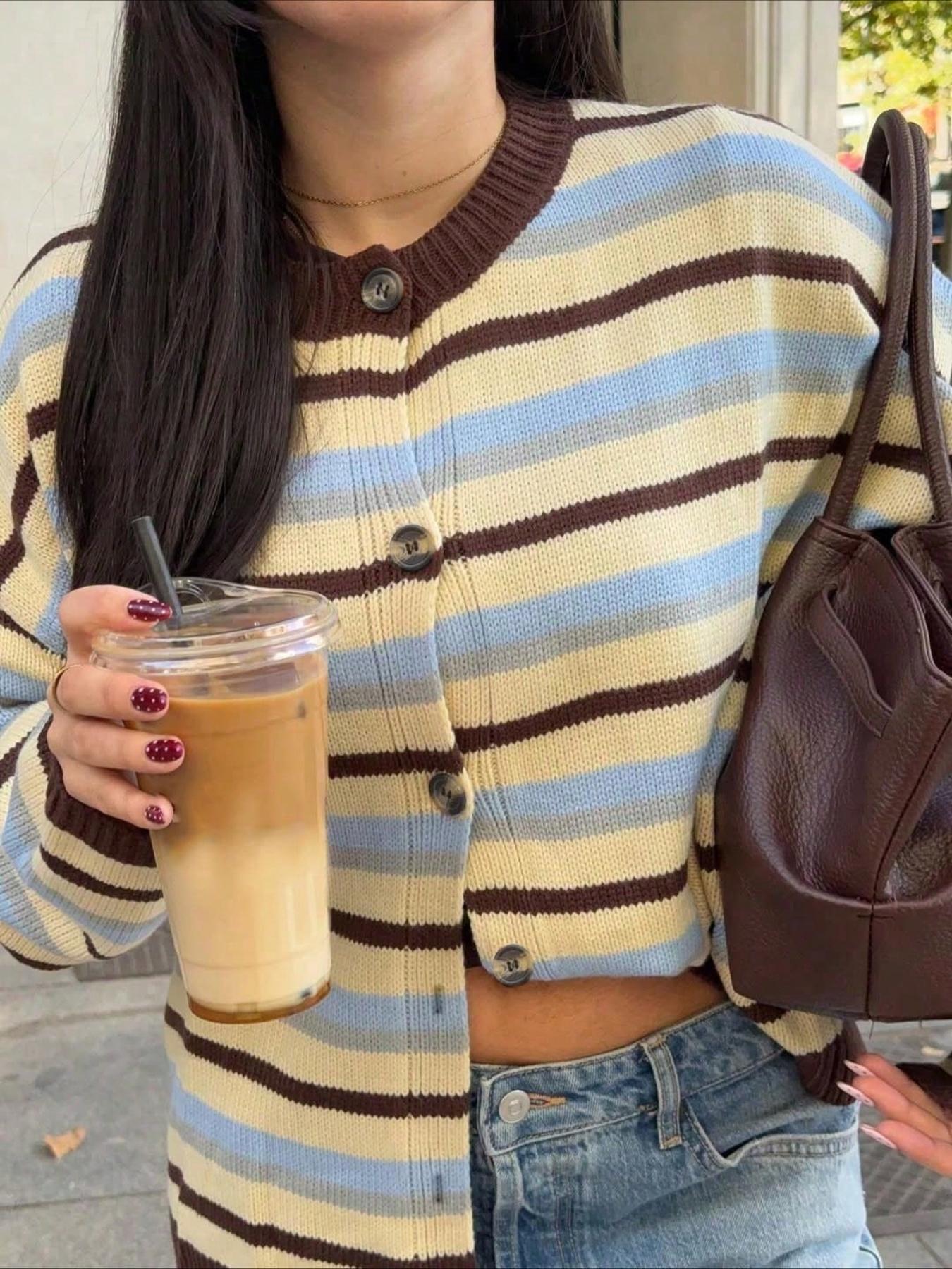 New Women's Short Loose Fit Long Sleeve Elegant Outdoor Striped Colorblock Button Cardigan, Knit Jacket for Spring, Y2K, Casual, Fashion, All Seasons