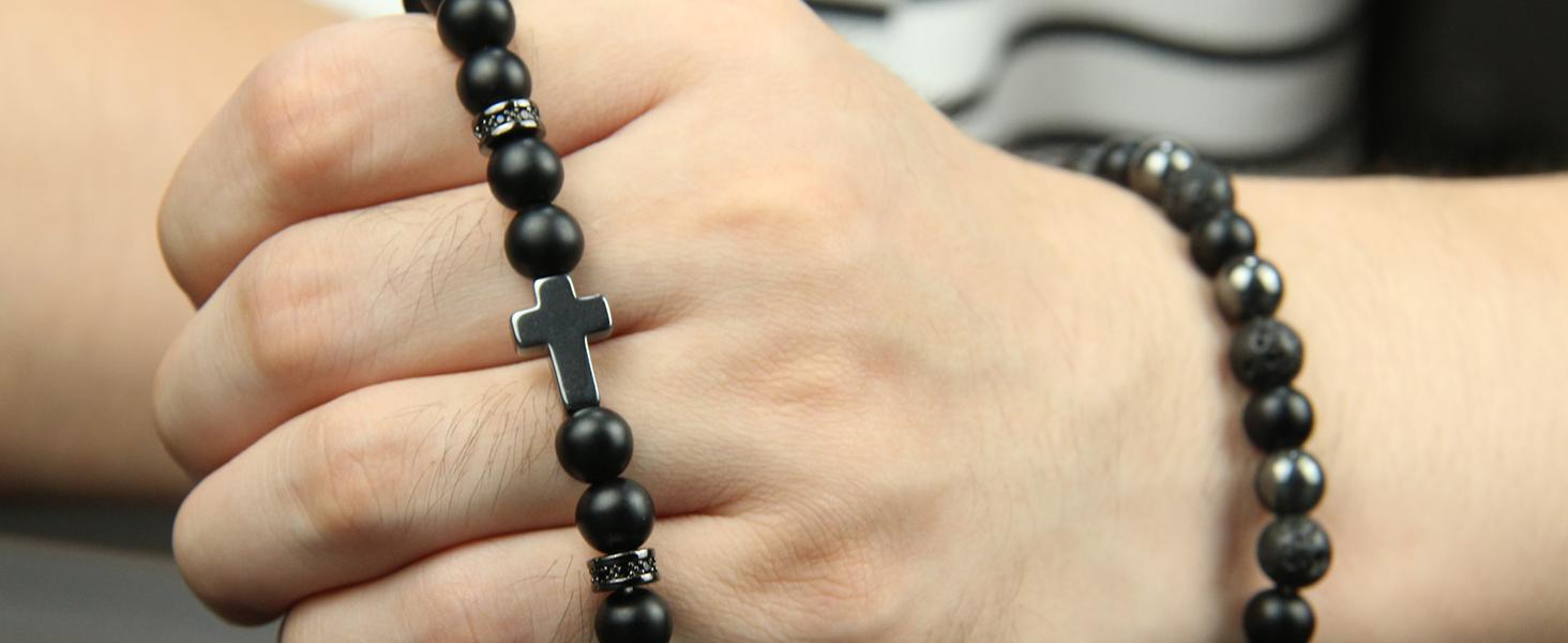Triple Protection Cross Bracelet for Men Handmade Natural 8mm Black Tourmaline Onyx Hematite Tigers Eye Stretch Bracelet for Gift
