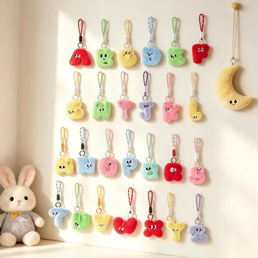 Trending Cute Cartoon Plush 26 English Alphabet Letters Keychain with Lanyard Personalized Initial Bag Charm Pendant Backpack Accessory Soft Keyring Custom Birthday Gift for Women & Girls