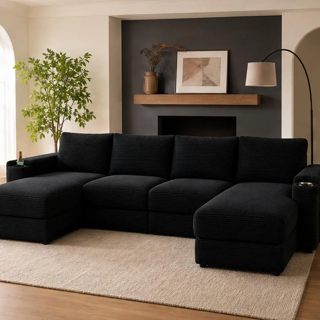 104 Inch Cloud Sectional Couch, Modern Modular L-Shape Sofa with Deep Seat, 4-Seat Corduroy Fabric with Cup Holders, Black, No Assembly Required