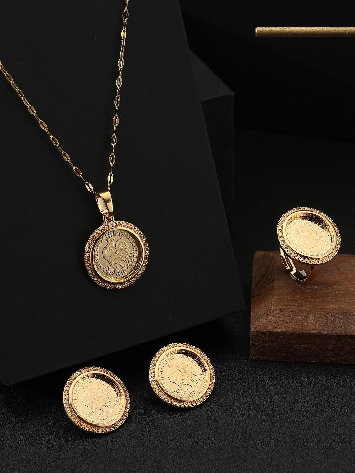 Vintage Turkish Gold Coin Jewelry Set, 18k Gold Plated Rhinestone Necklace Earrings Ring Trio, Casual Stainless Steel Accessories