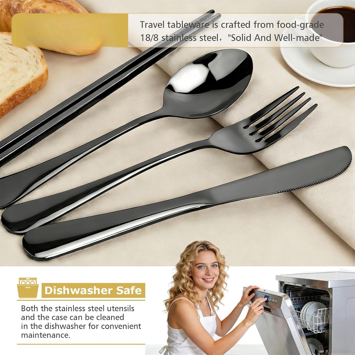 Matte Black 5-Pieces Stainless Steel Unisex Travel Utensil Set with Compact Fit Case - Portable Flatware Includes Fork, Spoon, Chopsticks for Hiking, Outdoor Dining, Daily Use