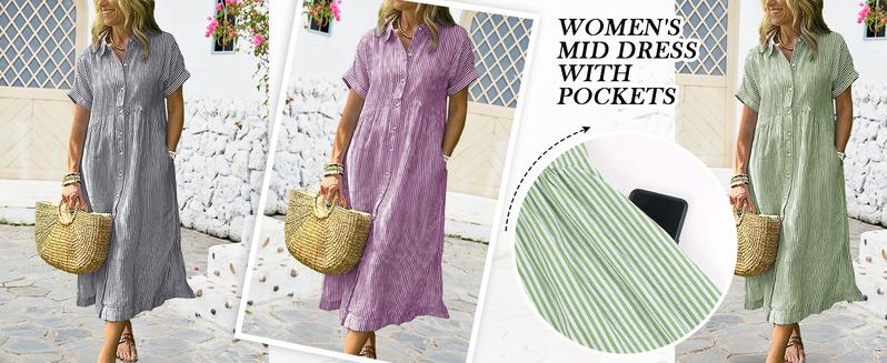 Chouyatou Women's Loose Midi Striped Shirt Dress Bohemian Side Slit Dress with Pockets