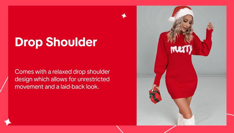 Women's Christmas Letter Print Drop Shoulder Sweater Dress, Casual Long Sleeve Round Neck Jumper Dress for Daily Outdoor Wear, Women Knitwear for Fall & Winter Women's Christmas Letter Print Drop Shoulder Sweater Dress, Casual Long Sleeve Round Neck Jumper Dress for Daily Outdoor Wear, Women Knitwear for Fall & Winter