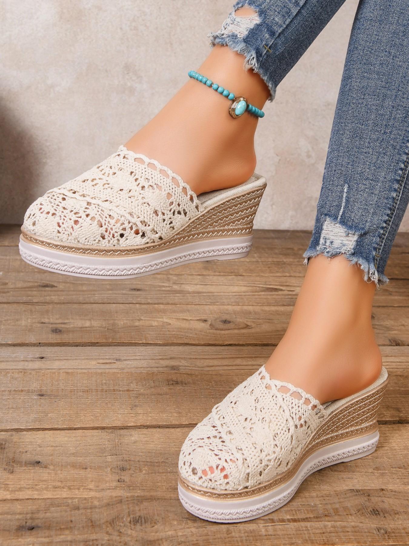 Women's Hollow Out Crochet Wedge Mules, Summer Straw Thick Sole Slip-On Sandals, Height-Boosting Slimming Outdoor Flip Flops