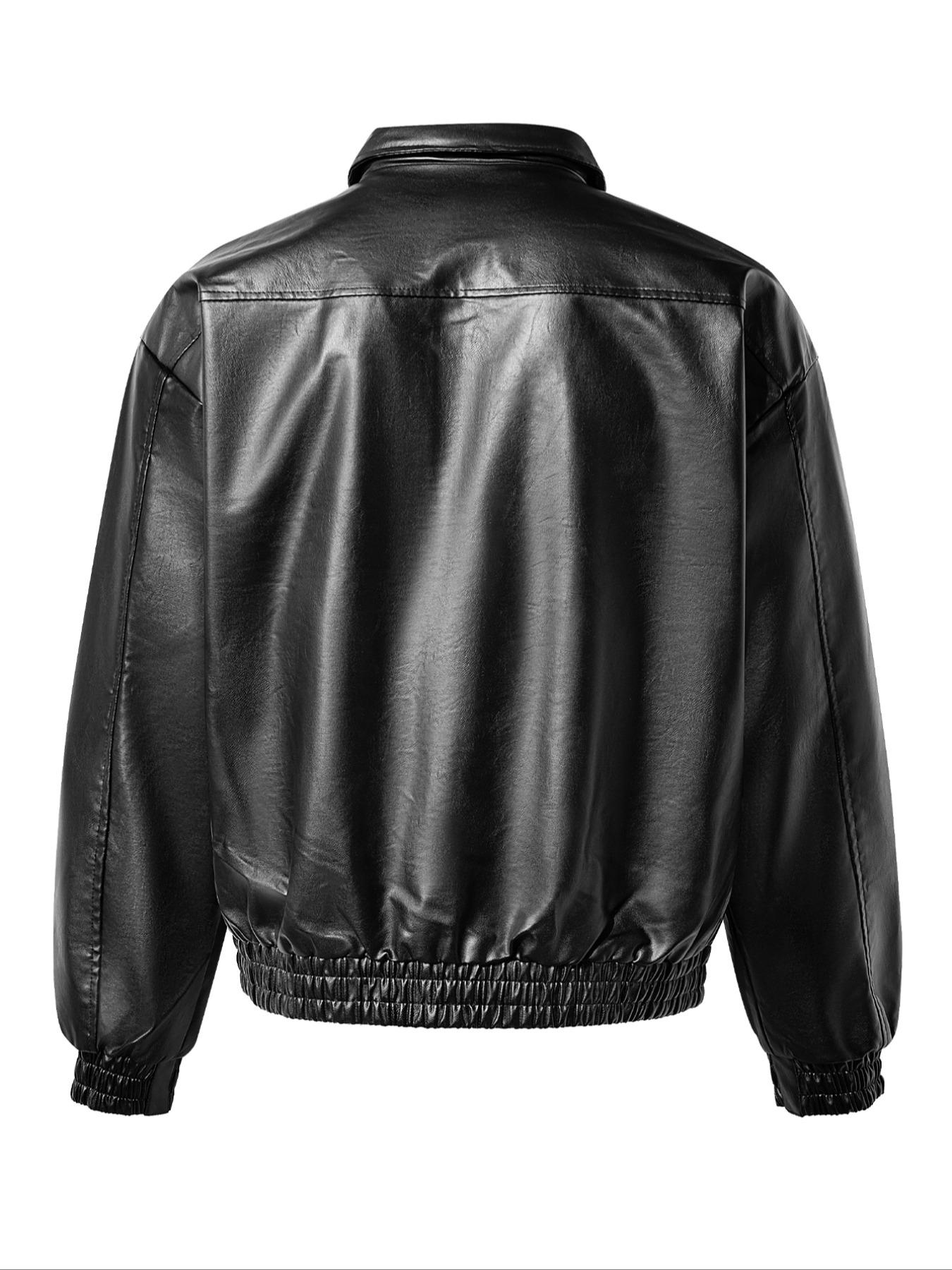 Men's PU Leather Long Sleeve Fitted Jacket with Large Double Pockets, Waterproof Windproof Slim Fit Coat, Casual Fashion for Spring & Fall Seasons