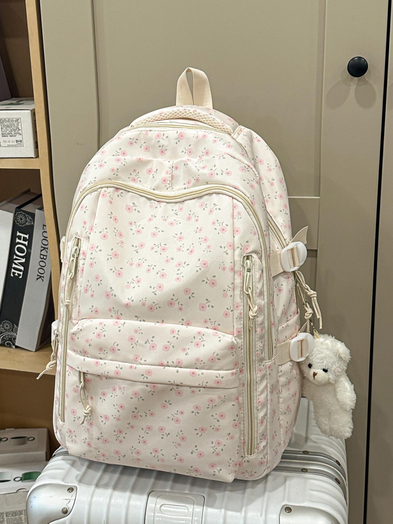 1pc  Women's casual printed backpack with large capacity, zipper closure, and free pendant. Fashionable, versatile, cute, and trendy. Suitable for students going to school, campus, commuting, and traveling. Women's backpack