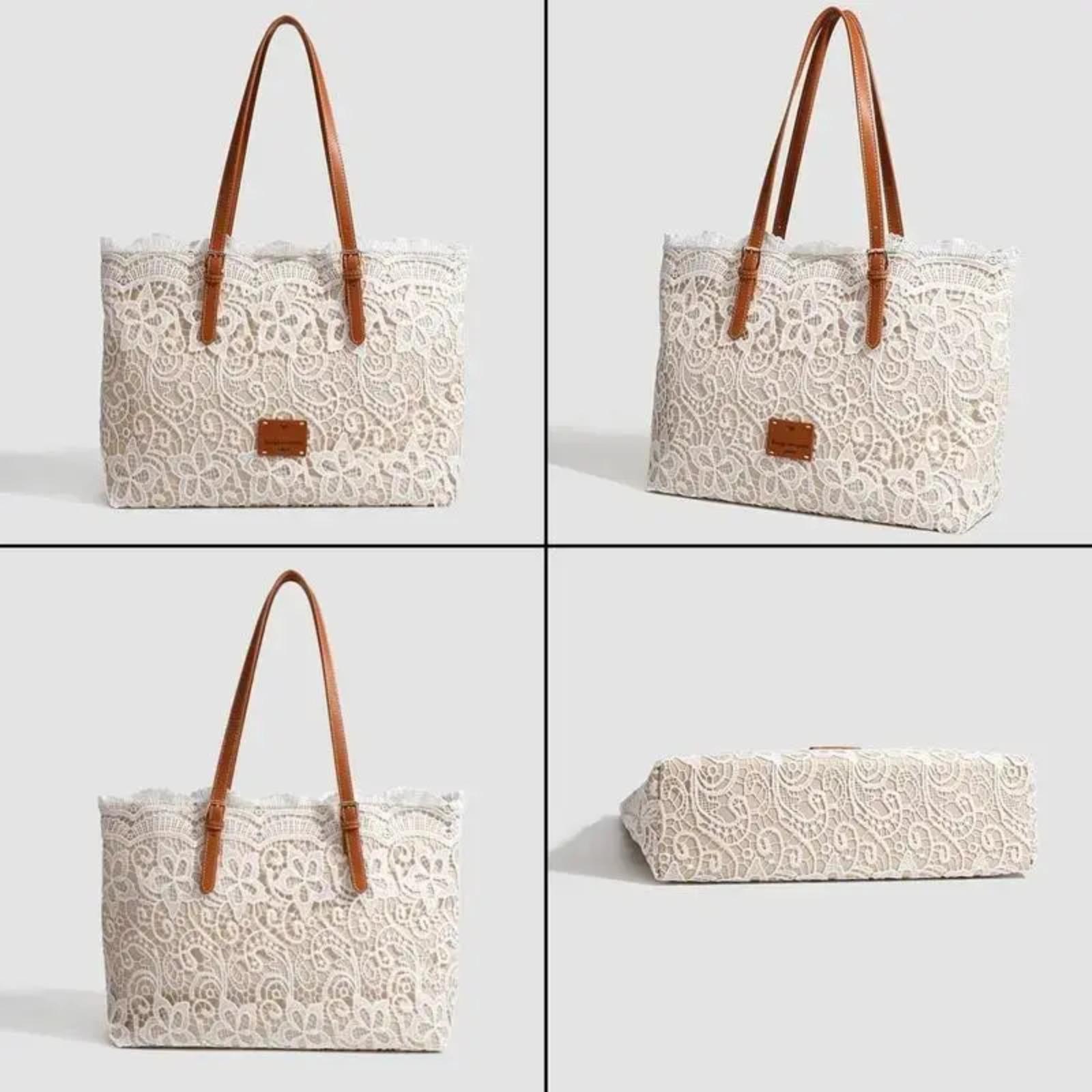 Trendy Lace Crochet Beach Bag for Women, Large Capacity Floral Shoulder Tote, Perfect Vacation Travel Handbag, Versatile Knitted Purse for Resort & Summer Outings