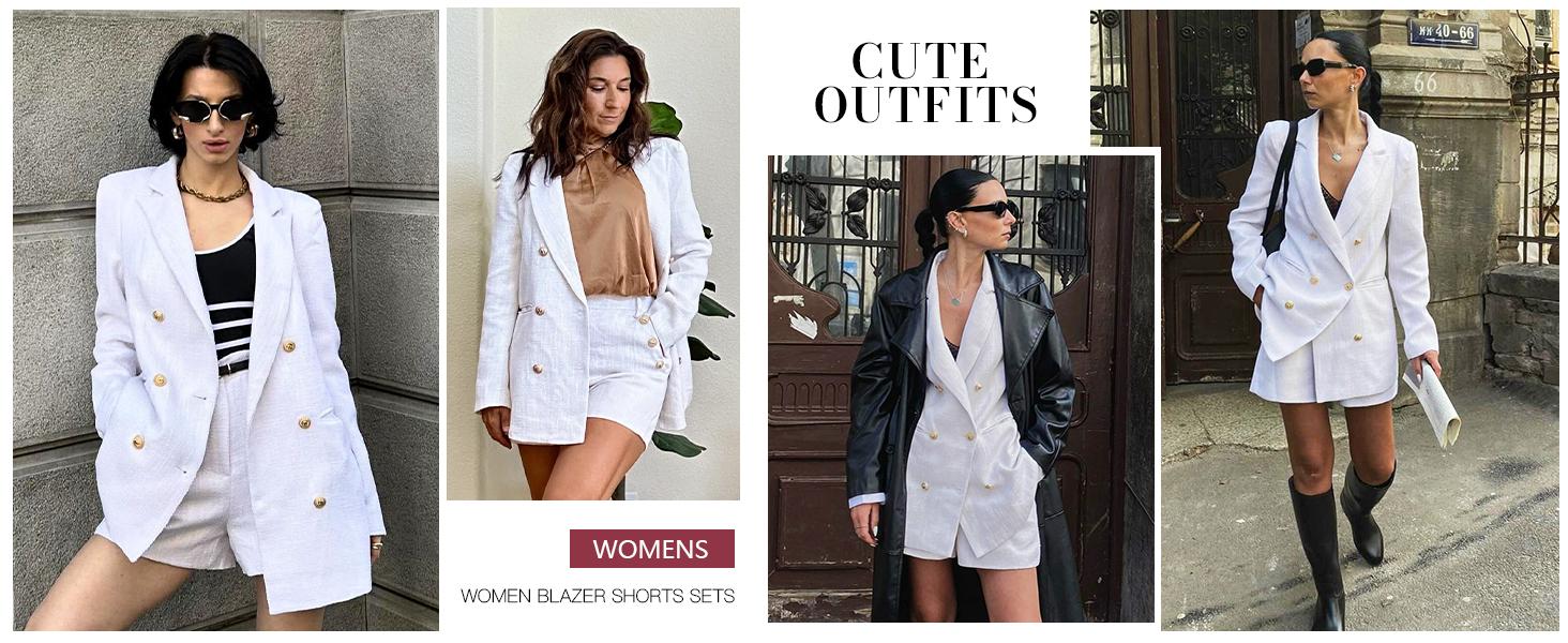 FMEYOA Womens 2 Piece Tweed Blazer Shorts Sets Long Sleeve Double Breasted Suit Jackets Business Outfit Fabric Formal M1H684