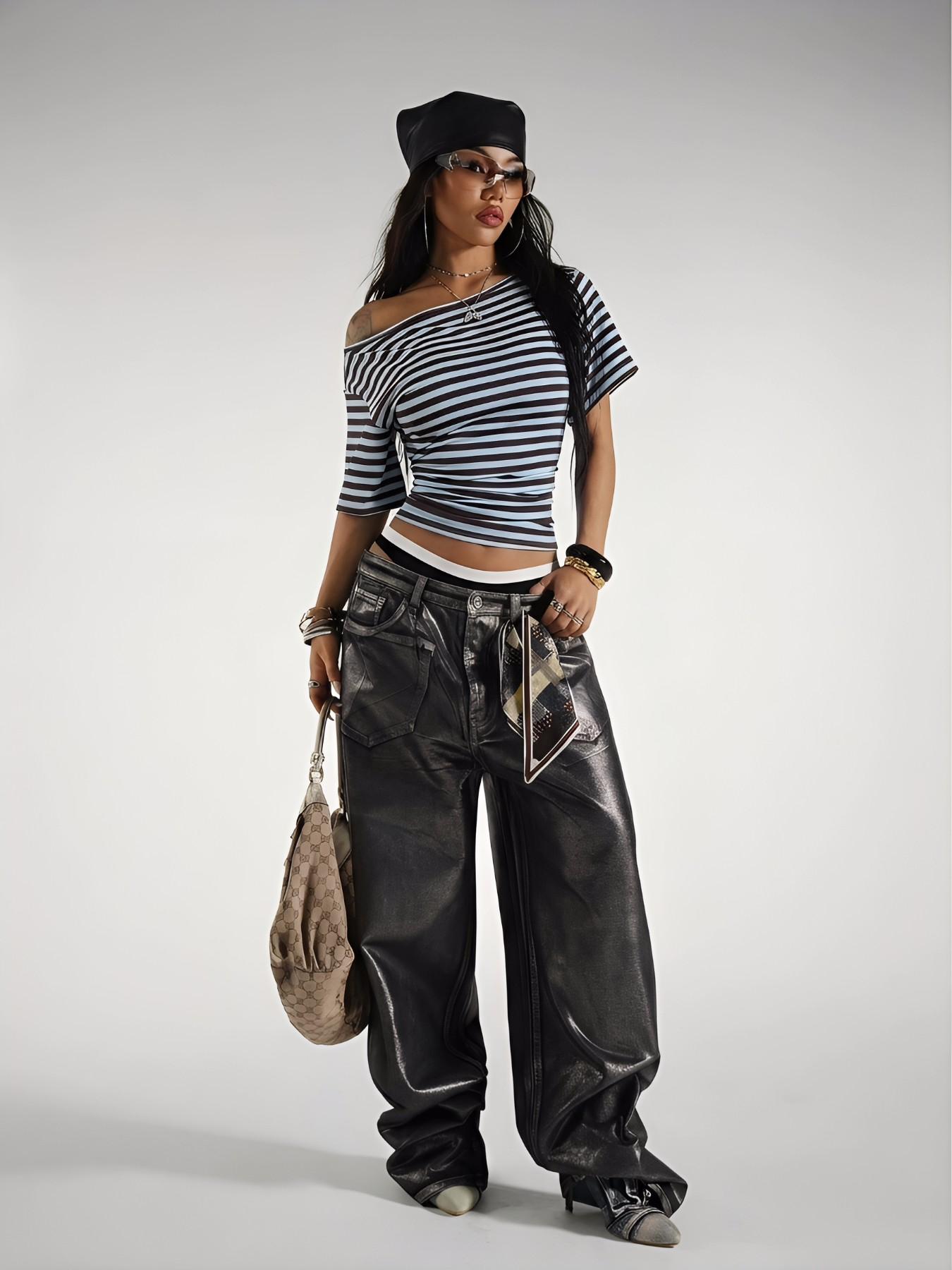 Women's Brown Blue Striped Off Shoulder Crop Top 2026 Y2K Retro Slim Fit Stretchy Short Sleeve T-Shirt With No Ruched Side Casual Going Out Streetwear Summer Daily Trendy Outfits Viral TikTok Made Me Buy It