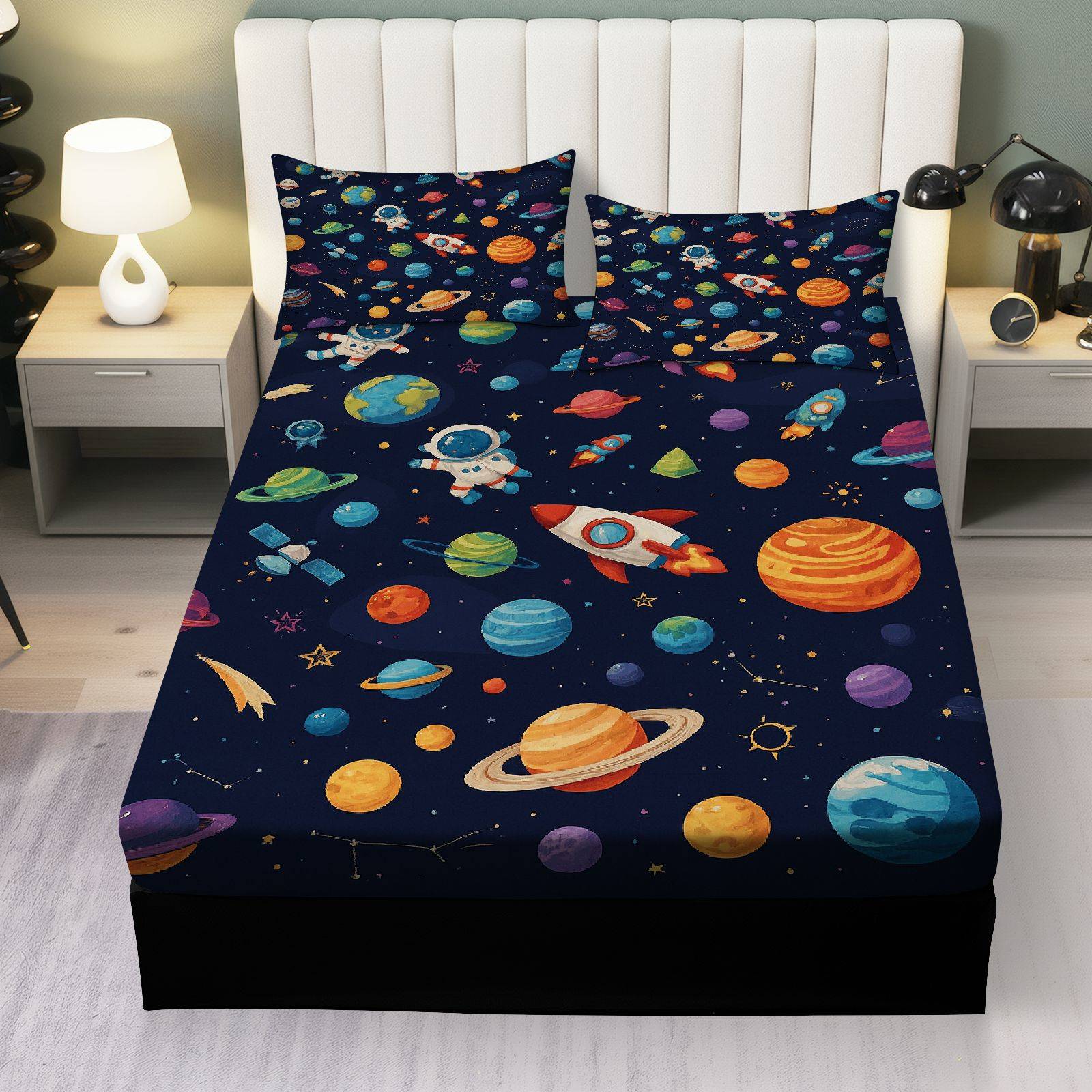 3Pcs Space Planet Astronaut Fitted Sheet Three Piece Set (1*Fitted Sheet+2*Pillowcases, Coreless), Science theme, Galaxy Bedding Set, Mattress Protector Soft, Breathable