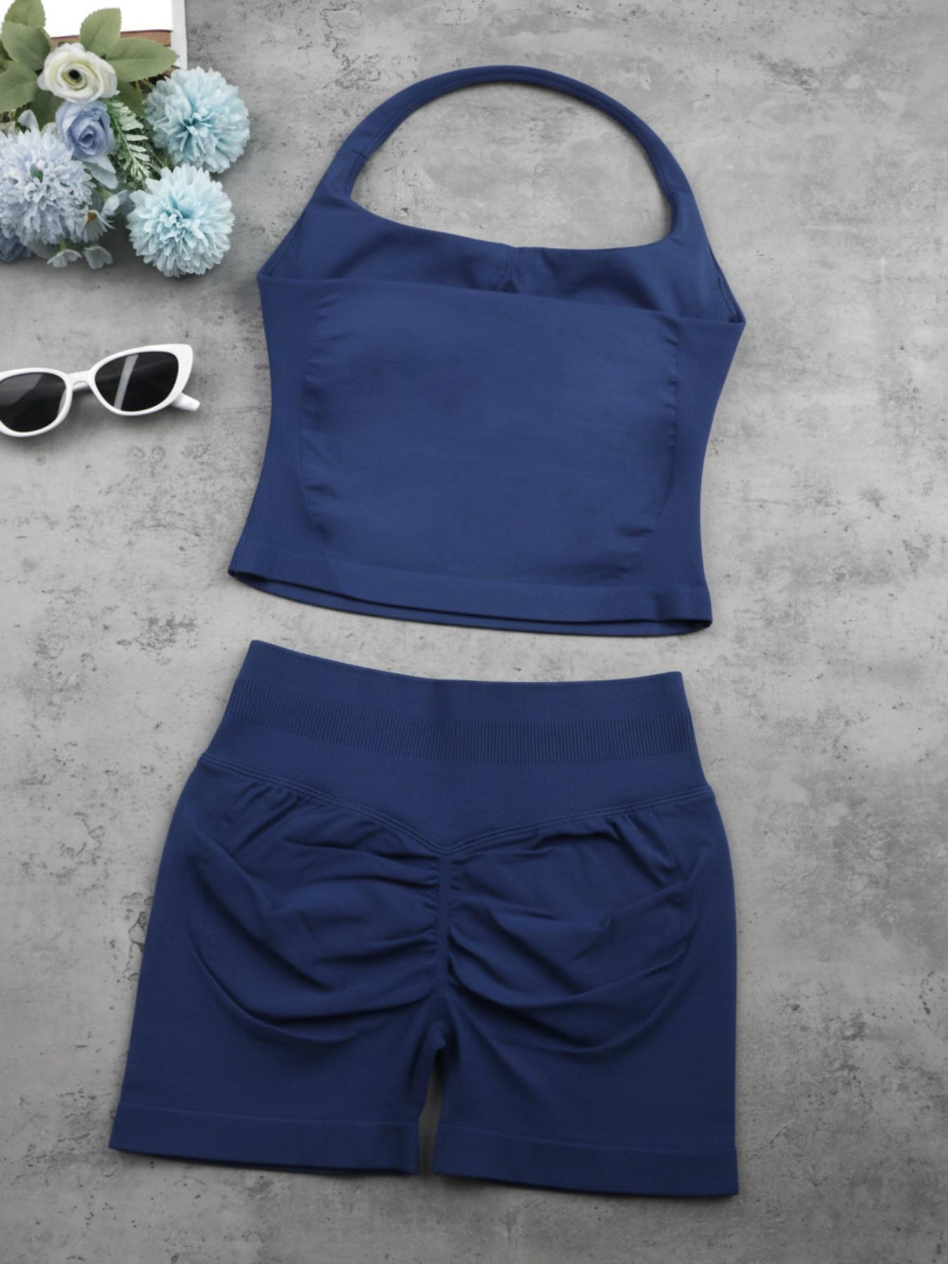 Women's Halter Tank Top and Shorts Set, Seamless Shaping Summer Gym Wear, High Waist Elastic Support Yoga Workout Outfit