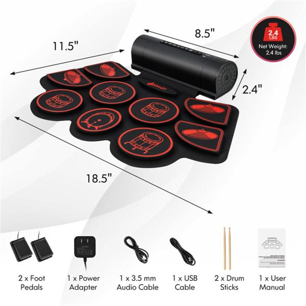 9-Pad Electric Drum Set for Beginners, MIDI USB Connection Dual Stereo Speakers Black+Red