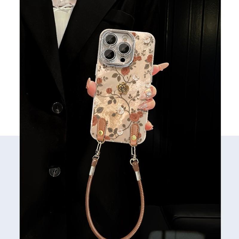 Vintage Rose Phone Case for iPhone 17 Pro Max, Luxury Acrylic Cover with Leather Wrist Strap, Full Camera Protection Shockproof Case, Elegant Floral Aesthetic for Women Girls