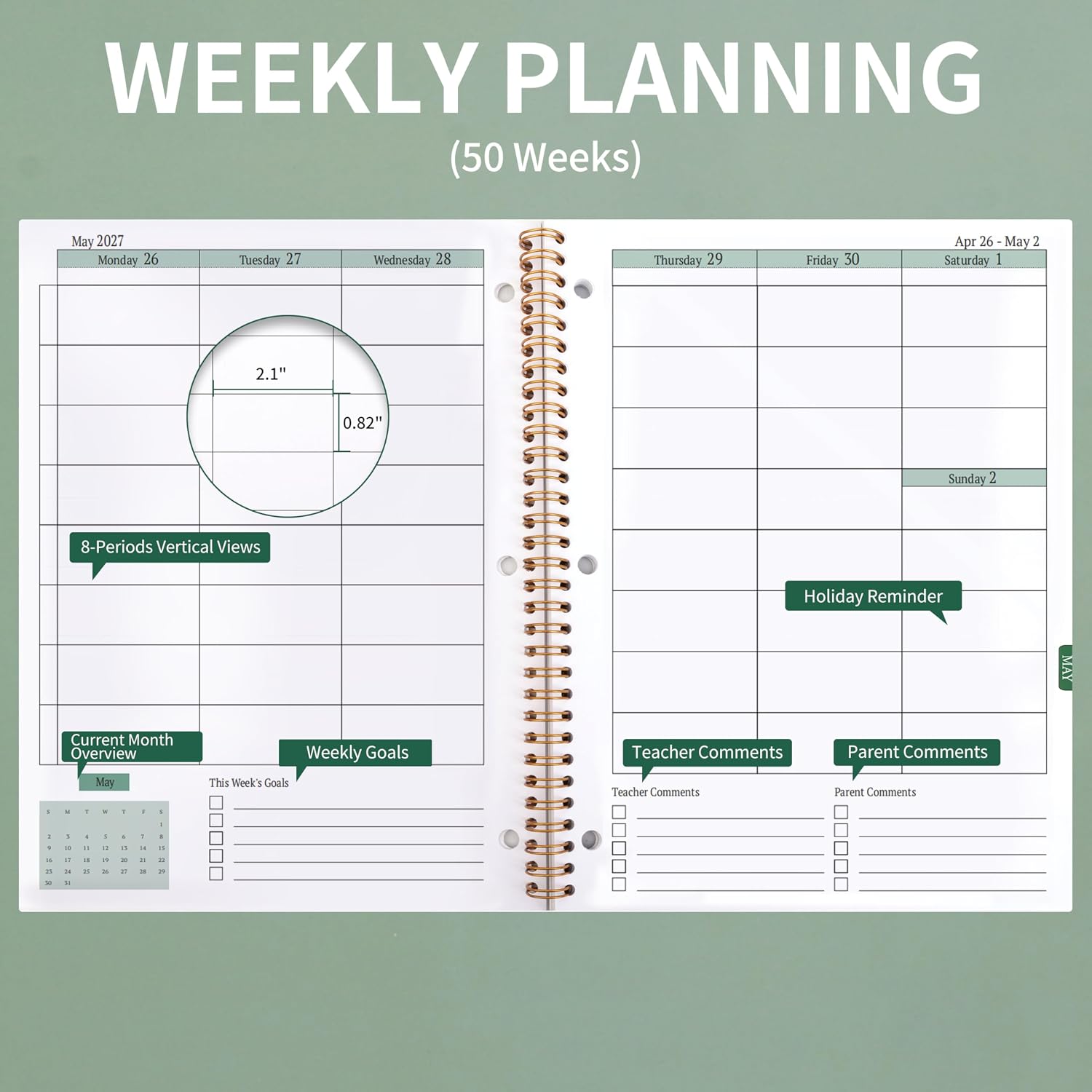 2026-2027 Academic Student Planner - 8.2x10.7", Flat Spiral, Synthetic Cover, Monthly & Weekly, Goal Tracking, Unlined Blocks, 3-Hole Punched, Stickers Included, Aug 2026-Jun 2027, for Middle/High School, Green