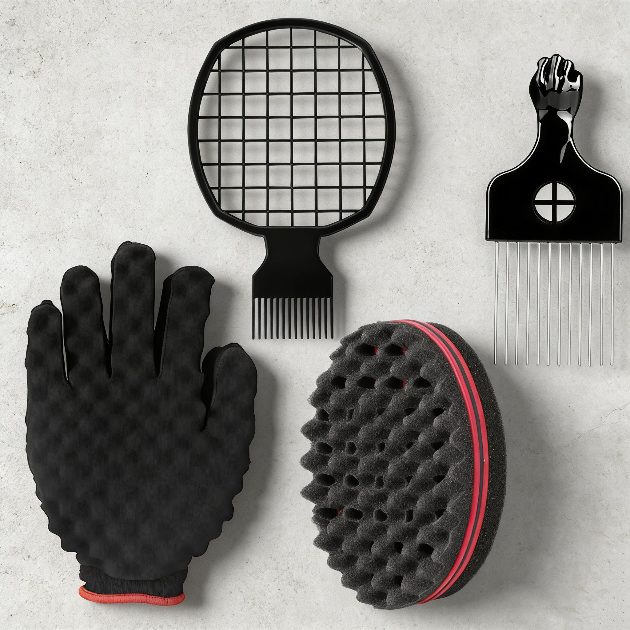 4-Piece Hair Styling Tool Set, Styling Kit, Heatless Styling, Includes Sponge Curl Brush, Perm Grid Comb, Sponge Gloves, Steel Needle Curling Comb, Braiding Tools for Salons