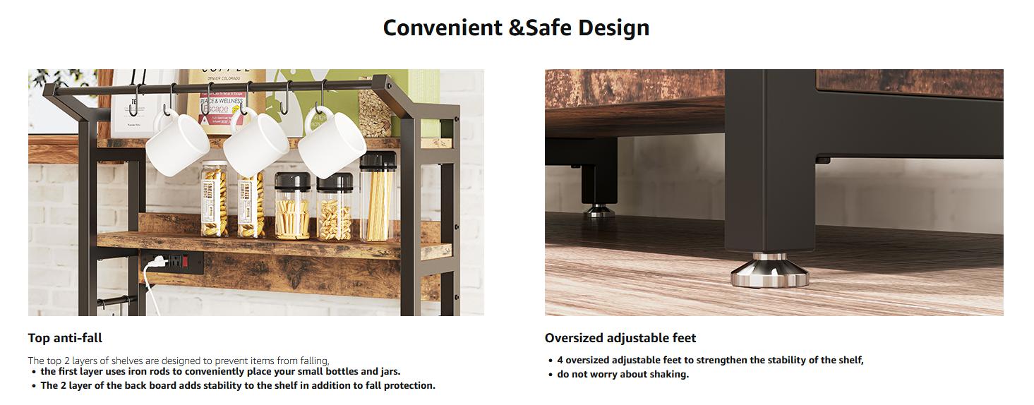 IRONCK Bakers Rack with Power Outlet, Microwave Stand with Storage, Coffee bar with 9 Hooks, 5 Tier Large Storage Capacity and Strong Metal Material for Kitchen, Vintage Brown Easy to Assemble