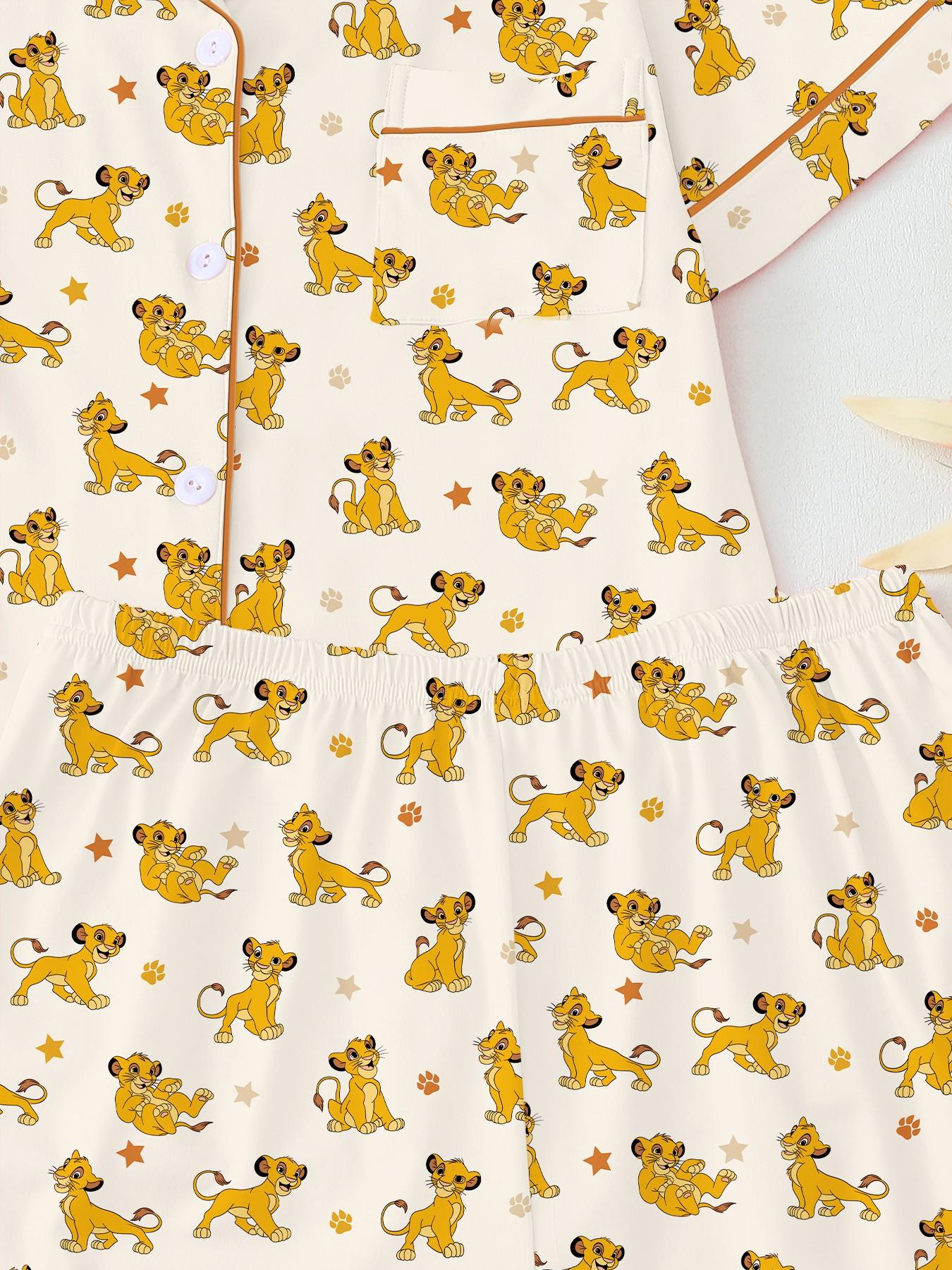 Adorable Lion Print Women's Pajama Set, Comfortable Two-Piece, Short Sleeve Button-Up Top & Elastic Shorts, Casual Home Wear, Loungewear, Party Gift