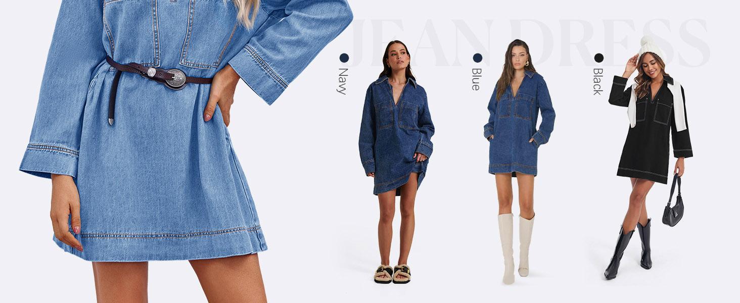 FMEYOA Womens Denim Shirt Dress Long Sleeve V Neck Loose Casual Jean Mini Dress with Pockets