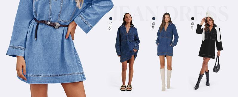 FMEYOA Womens Denim Shirt Dress Long Sleeve V Neck Loose Casual Jean Mini Dress with Pockets-B